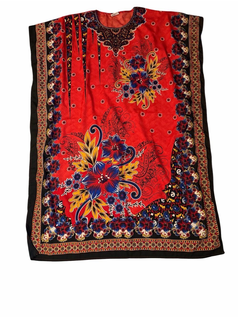 Red Floral Swim Cover-Up Kaftan with Blue & Yellow Accents